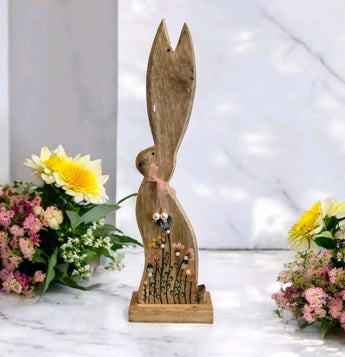 New Wood Easter Bunny Rabbit Flower Pearl Pink Figures Decor Shabby Chic Country