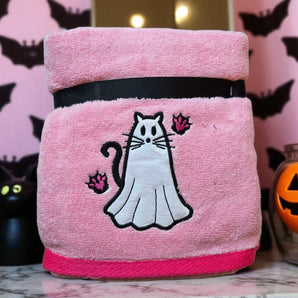 Set Of 2 Betsey Johnson Pink Halloween Cat Hand Towels 16x26 Cotton Embroidered