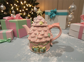 New Pink Pastel / Gold Christmas Tree Holiday Party Ceramic Tea Pot Teapot