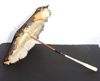 Antique Silk w/ French Lace Overlay Parasol Folding Bone Handle 19th C Victorian