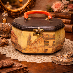 Vintage 1970s Victorian Cottage Octagon Wood Box Purse W/ Handles