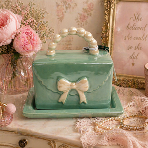 New Teal Opal Girly Purse W/ Beaded Handle Handbag Coffe / Tea Mug Set