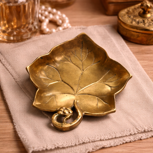 Vintage MCM Solid Brass Grape Leaf Dish TABLETOP Bowl Trinket Tray Decor