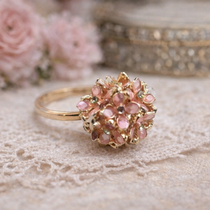 Vtg 1960 -1970s Gold Pink Flower Ball Adjustable Size Ring W/ Green Stone Middle OSFA