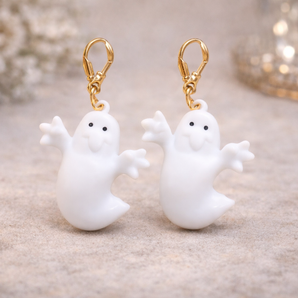 Vintage White Retro Ghost Clip on Earrings Boo Halloween Plastic NOS