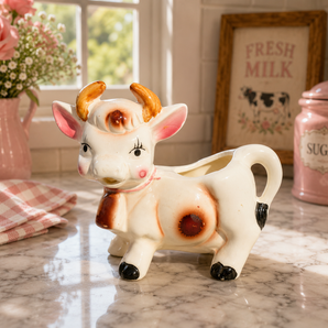 Vintage RETRO Brown / Pink Porcelain Table Top Coffee Cow Creamer Pour Decor