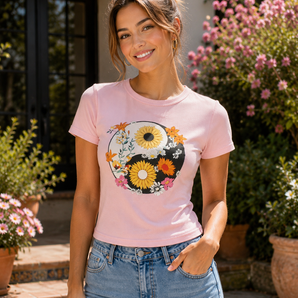Womens California Pink Flower Yin Yang Crop Top Emo Girl Indie Core Trendy Shirt