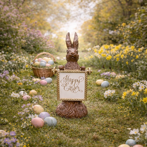 New Brown Chocolate Bunny Figurine Rabbit Sculpture Happy Easter Scroll Decor