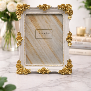 New Nicole Miller White / Gold BOHO Floral Hollywood Regency Picture Frame 5x7