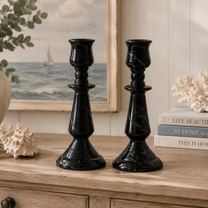 Vintage Pair Retro Black Carved Marble Candlesticks Home Decor