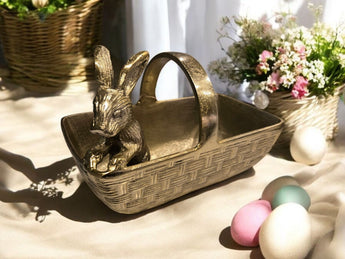 New GOLD METAL RUSTIC EASTER BUNNY RABBIT IN A BASKET SERVING TRAY Decor