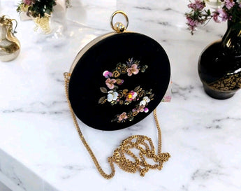 New Embroidered Letter S Round Velvet Clutch Beads Sequins Handmade Evening Bag