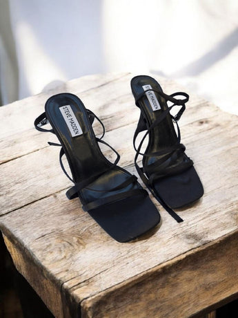 New Black Satin Strappy Brendi Steve Madden Starlet Stilettos Heels Sandals SZ 8