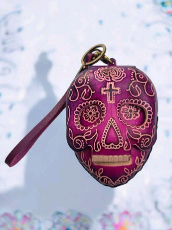 New Pink Genuine Leather Handmade Sugar Skull Coin Purse Wristlet Key Case