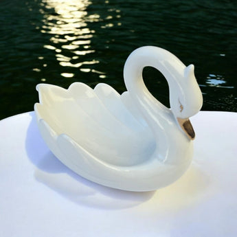 New Lrg White Gold MCM Swan Porcelain Dish Figurine Trinket Fruit Storage Dish