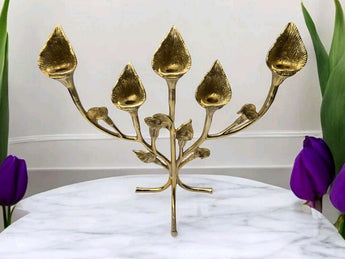 New Hollywood Regency Large Gold Calla Lily 5 Tier Candle Holder Stems W/ Leaf