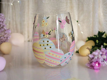 New Yellow Pink Pastel Hand-painted Easter Egg Flowers Wine Drink Glass Tumbler