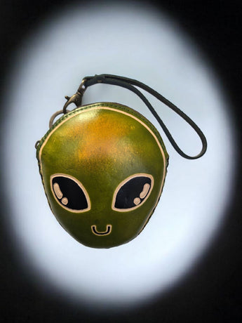 New Green Genuine Leather Handmade Alien Coin Purse Wristlet Key Case
