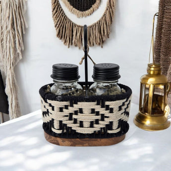 New Black & White Woven Boho Salt And Pepper Shaker & Carrier W/ Wood Bottom