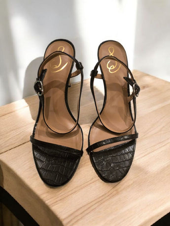 New Sam Edelman Doran Heeled Sandals Black Croc Stiletto Strappy Women Shoes 9M