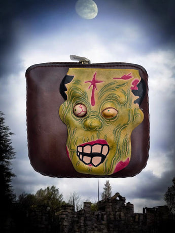 New Genuine Halloween Frankenstein 3D Handmade Belt Buckle Zip Top Wallet 6"x6"