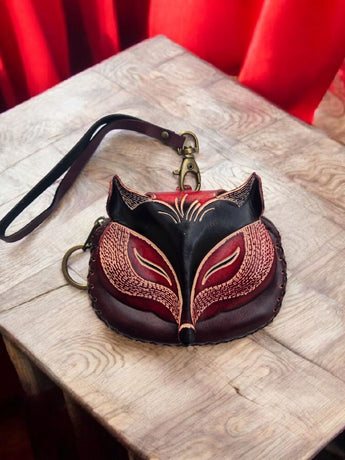 New Red Brown Genuine Leather Handmade Fox Coin Purse Wristlet Key Case