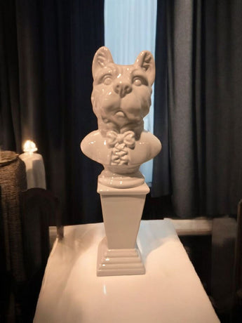 New White Bisque Terrier Scottie Dog Pedaestal Figurine Ceramic Statue Decor