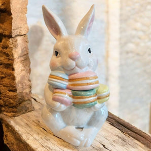 New White Easter Bunny w/ Pastel Macarons Ceramic Cookie Jar Treats Rabbit