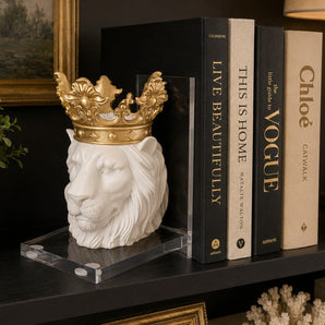 New White Lion Head W/  Gold Crown Royal King Resin Shelf Office Bookend
