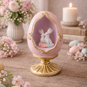 New Easter Diorama Pink Gold Egg Pedestal Bunny Rabbit Resin Figurine Decor 9.5"