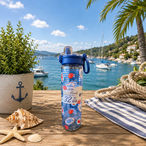 New 32oz Blue Red Leak Proof Nautical Seashell Lobster Flip Top Water Bottle