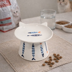 New MCM Blue Orange Sardines Fish Ceramic Cat Shaped Head Pedestal Food Bowl