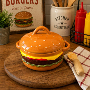 New Brown Ceramic Cheeseburger Mini Baker W/ Spreader Party BBQ Kitchen