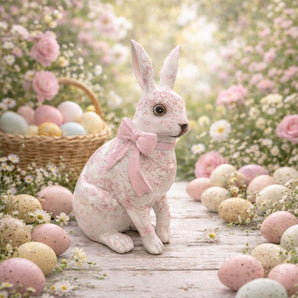 New Pink White Laura Ashley Toile Easter Bunny Girl Figurine Holiday Decor