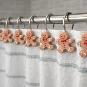 New Christmas Holiday Gingerbread Cookies Bathroom Shower Curtain Hooks