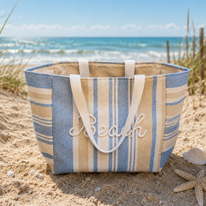 New Blue White Stripped Beach Tote Bag Rope BEACH Canvas Shoulder Tote Pool Bag