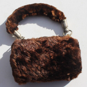 Antique VINTAGE 1900s MINIATURE Brown Fury Accessory DOLL PURSE W/ Handle