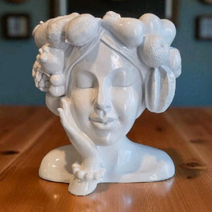 New White Outdoor / Indoor Girl Face Head W/ Fruit Head Planter Flower Pot