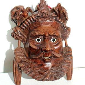 VTG Wooden Carved Chinese Wall Hanging Mask Emperor & Devil Dogs / Dragons Decor