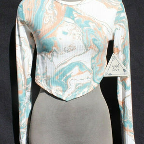 New Women's Long Sleeve Marble Design Crop Top V Bottom Emo Girl Indie Core