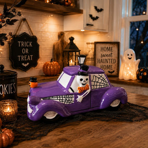 New Halloween Purple Skelton Driver Driving Taxi Cab Storage Kitchen Cookie Jar