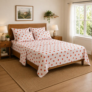 New Red / White Farmhouse Country Tomatoes Queen Size Sheet Bedding Set