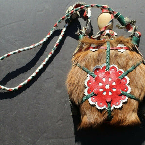 Vintage Hungarian Fur Leather /  Embroidery Covered Water Canteen Flask W/ Strap
