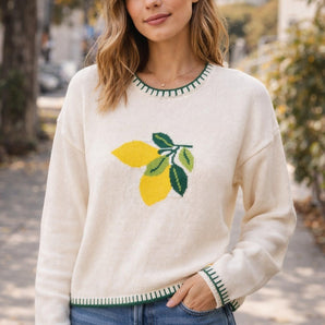 New Womans Farmhouse Stitched Lemon Lemonade Long Sleeve Sweater - Large