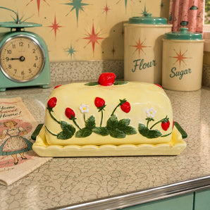 New Ceramic Yellow Retro Strawberry Cottage Flowers Kitchen Butter Dish