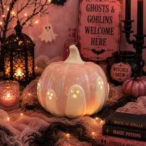 New Ceramic Opal Light Up Pink & White Pumpkin W/ Ghosts Halloween Holiday Decor