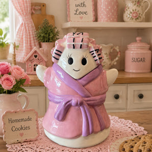 New Halloween Pink Grandma Ghost In Curlers & Bathrobe Cookie Jar Kitchen