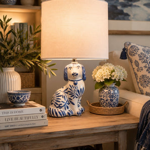 New Blue & White Ceramic Dog Chinoiseriw Coastal Home Office Room Decor Lamp