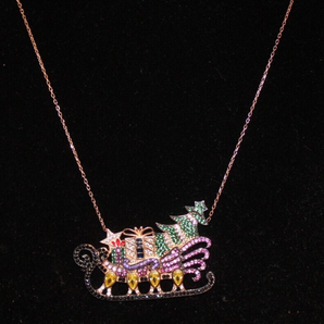 Vintage NOS Christmas Sleigh With Christmas Tree & Presents Necklace