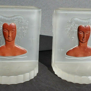 Pair Vintage Frosted Glass Art Deco Art Nouveau Girl Decor Bookend Bookends